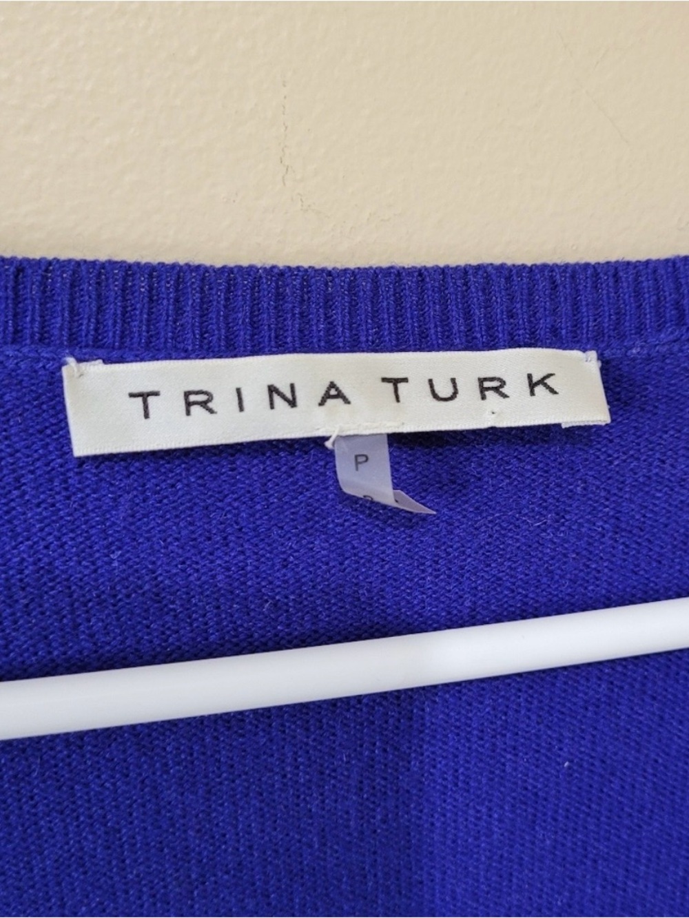 Trina Turk Cobalt V-Neck Sweater with Orange Stripe Cuffs - Picture 3 of 5